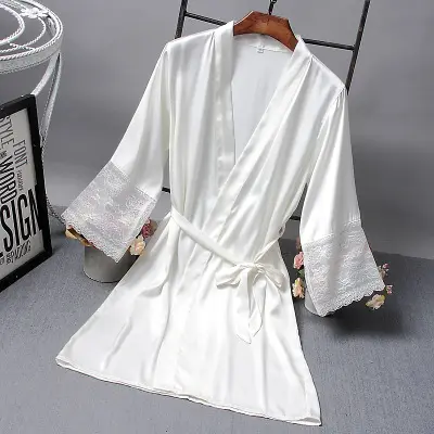 Mới Đến Phù Dâu Áo Choàng Satin Cô Dâu Thanh Lịch Quần Áo Ngủ Sexy Ren Phụ Nữ Mặc Quần Áo Gown Áo Choàng Tắm Kimono Lụa Áo Choàng Tắm