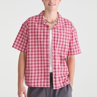 Camisa Vintage Personalizada para Hombre, Cuello Camp Collar, Diseño a Cuadros Rojos, Holgada, Transpirable, Anti-UV, Manga Corta, con Botones, Estilo Casual