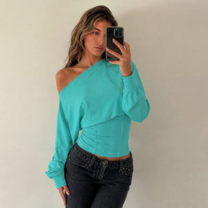 Sexy <b>off</b> <b>shoulder</b> corset boned waist solid cropped <b>long</b> <b>sleeve</b> <b>top</b> elegant versatile slim flattering T shirt for women - Product Image 5
