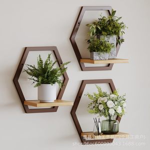 Wooden Hexagonal Wall Shelf Geometric Plant Holder For Living Room <b>Kitchen</b> <b>Storage</b> Mounting <b>Rack</b> - Product Image 2