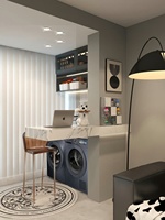 Armoire de chambre intégrée ivoire mat avec lave-linge, sèche-linge, évier, comptoir, compartiment de rangement et miroir