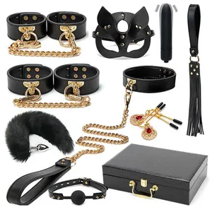 10pcs BDSM Bondage Kits Conjunto de Restrição De Couro Genuíno Algemas Collar Gag Vibradores Brinquedos Sexuais Para Mulheres Casais Jogos Adultos