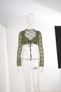 Cárdigan corto de malla transparente con encaje floral y lazo frontal para mujer, estilo Y2K, ajustado, tipo bolero, ideal para fiestas y ropa urbana. - Product Image 6