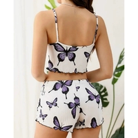 Ensemble pyjama décontracté d'été pour femme à imprimé papillon, taille élastique, doux, avec bretelles, vêtements d'intérieur, tenue de détente, manches courtes