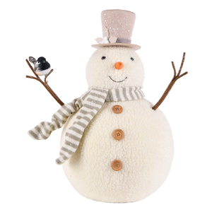 Elegant Heather Grey Top Hat Snowman Figure with <b>Perched</b> <b>Bird</b> for Minimalist Xmas Window Decor Bulk - Product Image 1