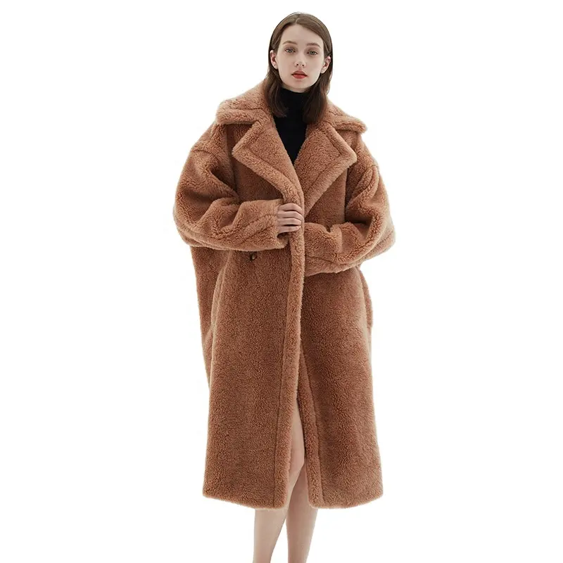 High Quality Winter Lamb Fur Long Overoat Genuine Wool Fur Coats Shearling Teddy Coat Women