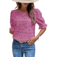 Chemise de créateur personnalisée Chemise en mousseline à volants de couleur unie, col rond, haut jacquard creux à manches trois-quarts Blouses et chemises pour femmes