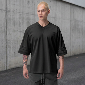 Maillot de basket-ball en mesh noir à col en V pour homme, manches trois quarts, respirant, coupe ample, vêtements de sport pour toutes les saisons - Product Image 4