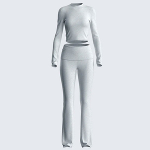 <strong>Women</strong> Solid Knitting Custom <strong>Grey</strong> Long Sleeve Cotton High Waist Foldover Leggings Crop Top Sweatshirt Set <strong>Tracksuit</strong> - Product Image 1