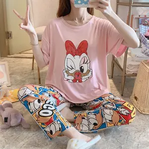 Conjunto de pijama feminino, camisola de manga curta para verão, 2 peças, estampadas, estilo coreano, solto, de tamanho grande, desenho animado para casa