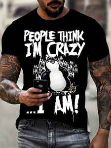 Camiseta de manga corta con estampado 3D de talla grande para hombre Bold 'People Think I'm Crazy 'Graphic Cartoon Penguin Design Loose Knitted - Product Image 2