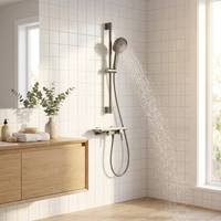 Ensemble de douche moderne gris bronze de luxe avec barre coulissante à double poignée en chrome poli, étagère en verre trempé et système de douche pluie