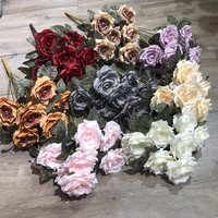 YOPIN-7653 Großhandel Hochzeitsrosen 9 Köpfe Rot Weiß Herbst Künstliche Hochwertige Seiden-Großrosen Realistische Blumen mit Blättern
