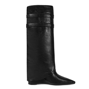 Big Size 45 Metal Buckles High Wedge Heels Pointed Toe Shoes Wide Fit Pants Long <b>Boots</b> Women's Overlay Knee High Booties - Product Image 4