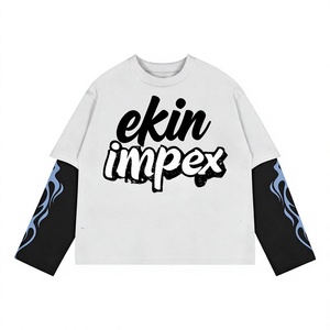 Wholesale Custom Streetwear Oversized Two Piece Long Sleeve T <b>Shirt</b> Men Hip Hop <b>Flame</b> Print Layered Sweatshirt - Product Image 1