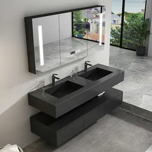 Tocador de baño de vidrio de gama alta, pintura Ove, minimalista, en forma de paleta, hecho a mano, lavabos dobles, color negro, a la venta