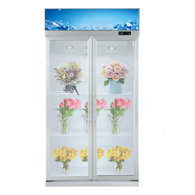 Kulkas pintu ganda bunga, lemari es tampilan berpendingin udara, etalase vertikal, bunga