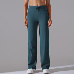 Pantalones de Yoga recortados elásticos de cintura alta bolsillos sólidos transpirables nuevo estampado Spandex/Nylon suelto Casual pierna ancha Fitness Leggings - Product Image 1