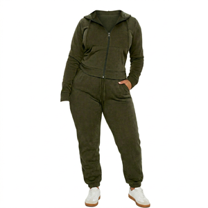 Conjunto de Pantalones Cargo y Top Corto con Capucha, Estilo Deportivo, Corte Regular, Color Sólido, Tejido de Punto, Largo Completo, para Invierno - Product Image 1
