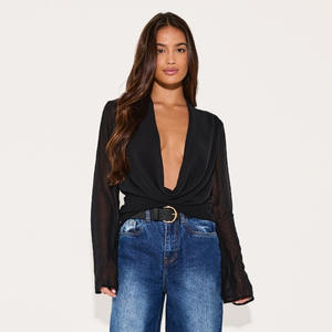 Camicette e Bluse Eleganti da Donna in Chiffon Nero con Scollo a V Profondo e Maniche Lunghe, Nuovi Arrivi Primavera 2026 - Product Image 2