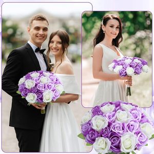 Flores Artificiales al por Mayor, Pétalos de Rosa de Seda Blancos y Morados, <span class=keywords><strong>Rosas</strong></span> de Tallo Largo para el Día de San Valentín, Ramos de Boda, Decoración para Fiestas en Casa - Product Image 4