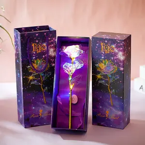 Gift Flower LED Light Rainbow Galaxy 24K Gold Trim Rose Gift Box