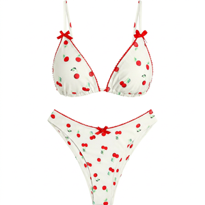 Conjunto de Bikini con Estampado de Cerezas para Mujer, Top Triangular con Escote Pronunciado, Braguita Tipo Tanga, Ribete en Contraste, Spandex, Poliéster Elástico - Product Image 1