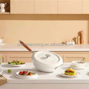 Sartén <span class=keywords><strong>Wok</strong></span> de hierro esmaltado de fondo plano con tapa y mango de madera-<span class=keywords><strong>Universal</strong></span> para inducción, eléctrica, horno, Artesanía no tóxica sin recubrimiento - Product Image 1