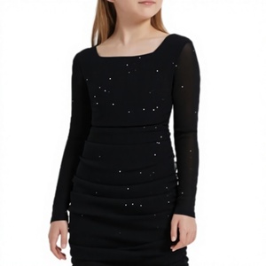 Robe moulante élégante noire à paillettes, col carré, manches longues, tissu extensible tricoté, couleur unie, à porter toute l'année - Product Image 2