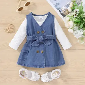 Baby Meisje Nieuwe Lange Mouwen Witte Kruis Denim Mouwloze Vest Rok Baby Tweedelige Set