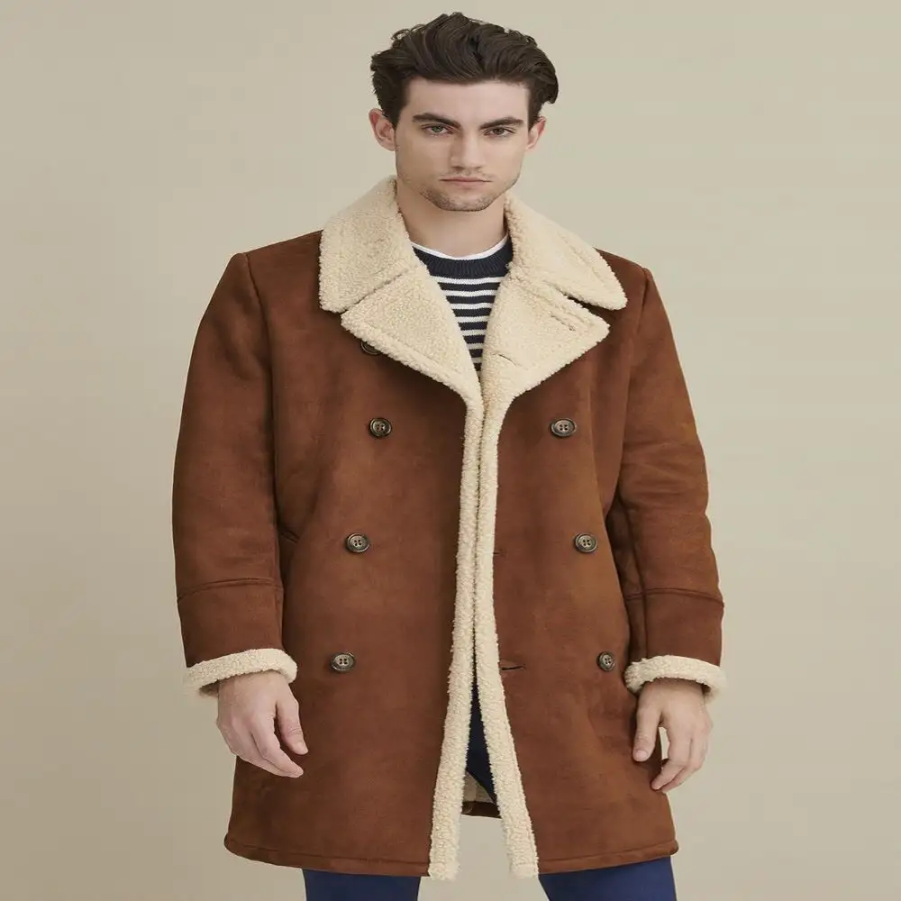 Men's New Fashionable Faux Shearling Car Coat Cognac With Customize Size Top Quality Material