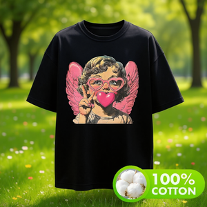 T-shirt da donna con stampa di occhiali a forma di cuore e ali d'angelo, a maniche corte, vestibilità ampia, 100% cotone, girocollo, tema cartone animato - Product Image 2