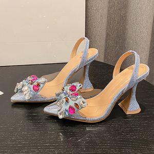Mules à talons hauts bleues style original, sandales d'été tendance avec nœud en jean et cristaux, escarpins de soirée à bout pointu pour femmes - Product Image 2
