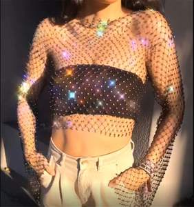 Y2K شبكة رؤية من خلال تي شيرت لامعة حجر الراين شبكة صيد السمك أجوف من النساء مثير أعلى محصول طويلة الأكمام الشاطئ التستر قمم للدبابات الحزب - Product Image 1