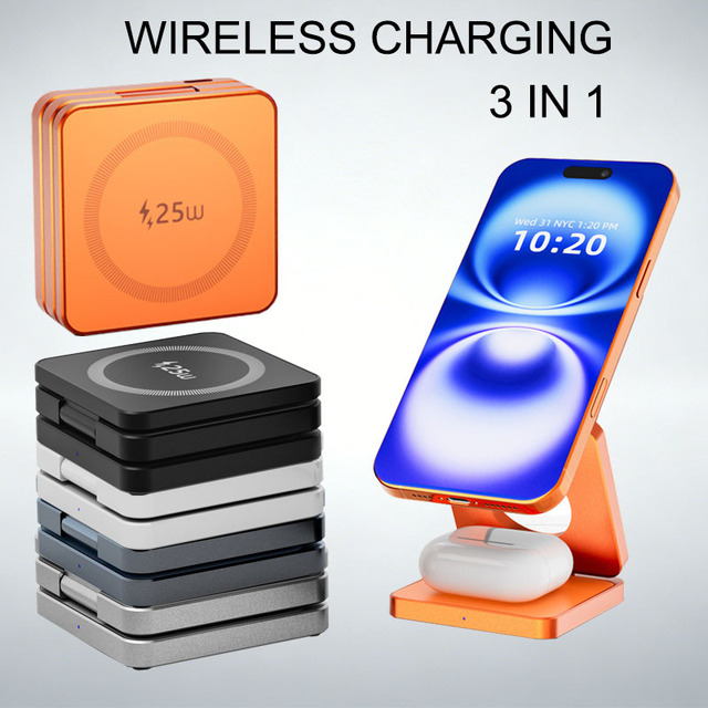 3-in-1 Portable Foldable Magnetic Wireless Charger, 25W Fast Charging Station for Phone Earbuds & Watch