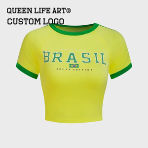 أحدث تصميم المرأة قمم المحاصيل البرازيل مثير كامي تانك أعلى قميص قصير مع طباعة 3D البلد النص مثير المحملة للسيدات - Product Image 2