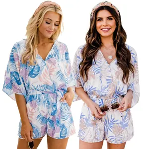 Vestido boêmio de verão, macacão estampado com decote em V, cintura elástica, casual, praia, loungewear, moda casual, mais vendido