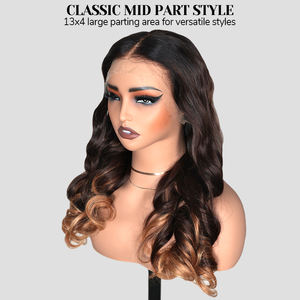 T1BT4T27 #   Perruques sans colle à ondulations lâches en <span class=keywords><strong>cheveux</strong></span> humains, perruque à dentelle frontale 13x4 avec nœuds décolorés, raie classique et mèches ombrées - Product Image 3