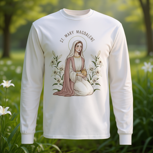 Camiseta de manga larga de Santa María Magdalena con diseño de lirio, ropa de devoción para Pascua - Product Image 3