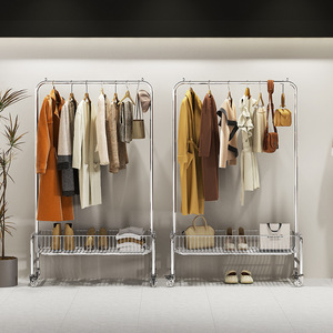 Chuyên Phụ Nữ quần áo Rack hiển thị điện thoại di động Tầng-đứng với móc áo bánh xe và mua sắm giỏ hàng lưu trữ vật liệu kim loại - Product Image 2