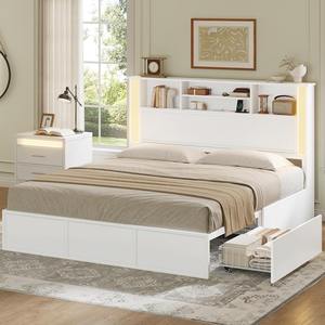 Struttura <span class=keywords><strong>Letto</strong></span> in <span class=keywords><strong>Legno</strong></span> Bianco con <span class=keywords><strong>Testiera</strong></span> Contenitore, Cassetti, Stazione di Ricarica e LED - Product Image 2