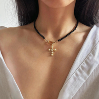 Collier ras du cou en perles d'obsidienne noire naturelle de 4 mm avec pendentif croix dorée, bijoux religieux