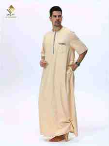Al Haramain <b>Men's</b> Beige <b>Thobe</b> Round Neck Short Sleeve Floor Length Cotton and so soft - Product Image 3