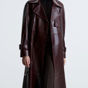 Manteau long en cuir pour l'automne, style trench, avec ceinture, grandes poches, taille ajustable, double boutonnage, coupe-vent, tendance - Product Image 2