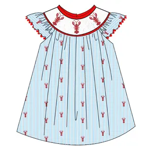 Puresun Custom Designs Smocked Children Clothing Summer Kids Wear Crawfish Embroidery Baby Cotton Dress