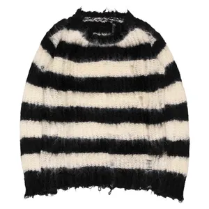 Benutzer definierte Rundhals ausschnitt Streifen Mohair Strick pullover Männer Pullover Fuzzy Mohair Mix Pullover