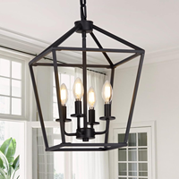 Lustre suspendu industriel vintage noir à 4 lumières, lanterne rustique, LED à intensité variable, garantie de 2 ans pour l'éclairage