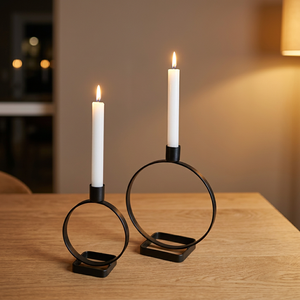 Modern Black Metal Candle Holder Set of 2 <b>Large</b> Round Circle Candle Holders with Tall Taper Candle Cups Decorative Iron Ring - Product Image 5