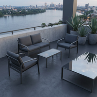 Ensemble de conversation de patio moderne en aluminium gris foncé, 4 pièces, avec table basse en verre trempé, coussins imperméables