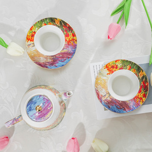 <b>Ceramic</b> Tea Set Floral Tulip Design <b>Teapot</b> with Cups and Saucers for Afternoon Tea Durable Drinkware - Product Image 2
